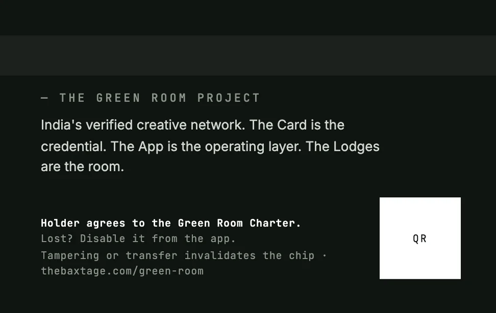 Back of the Green Room membership card: a swipe stripe, a three-line description of the card, the app and the lodges, a charter line, a lost-card line and a QR placeholder