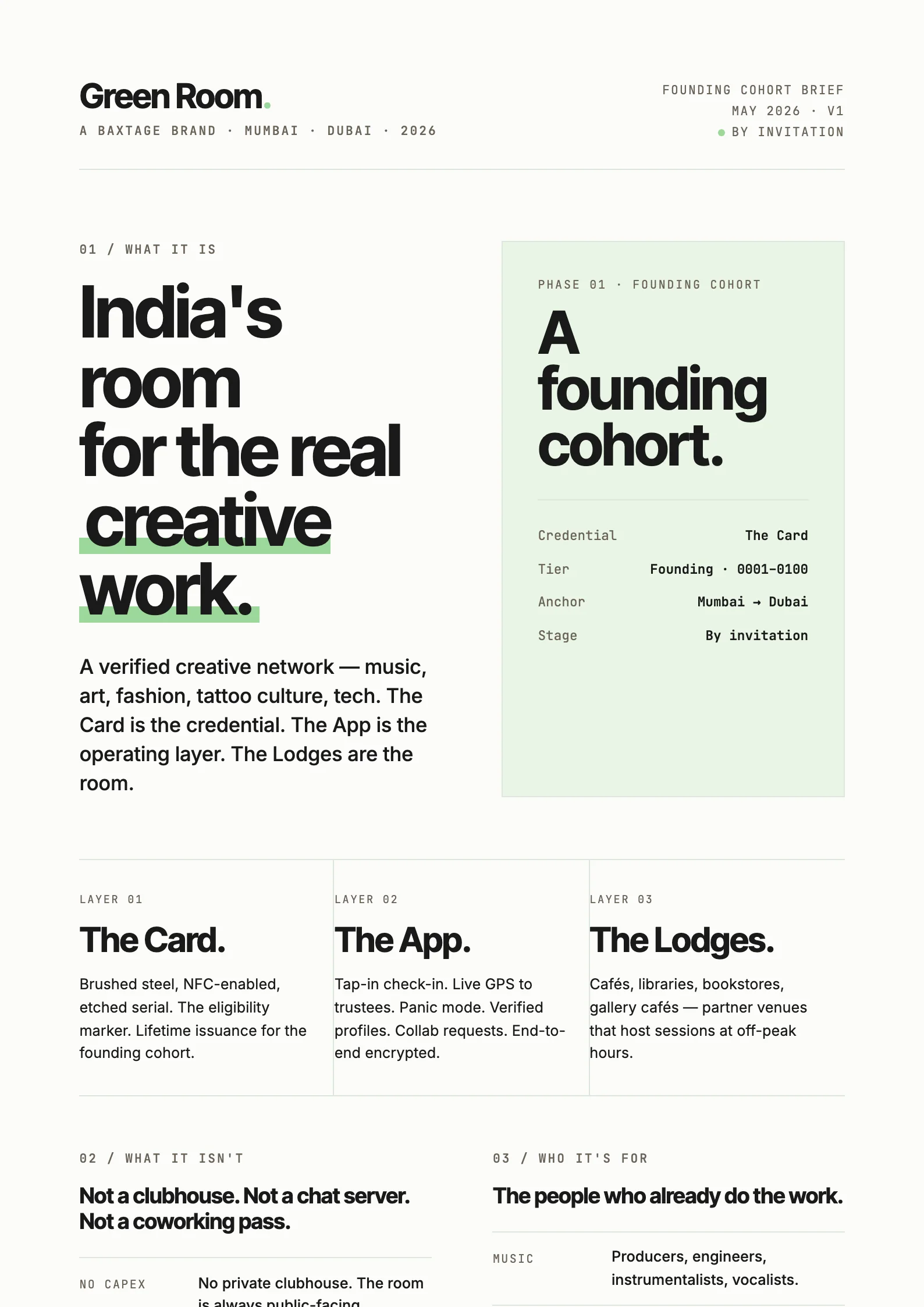 Green Room one-page founding cohort brief: the wordmark, a headline reading India's room for the real creative work, a founding cohort panel, three columns for the Card, the App and the Lodges, and lists of what it is not and who it is for