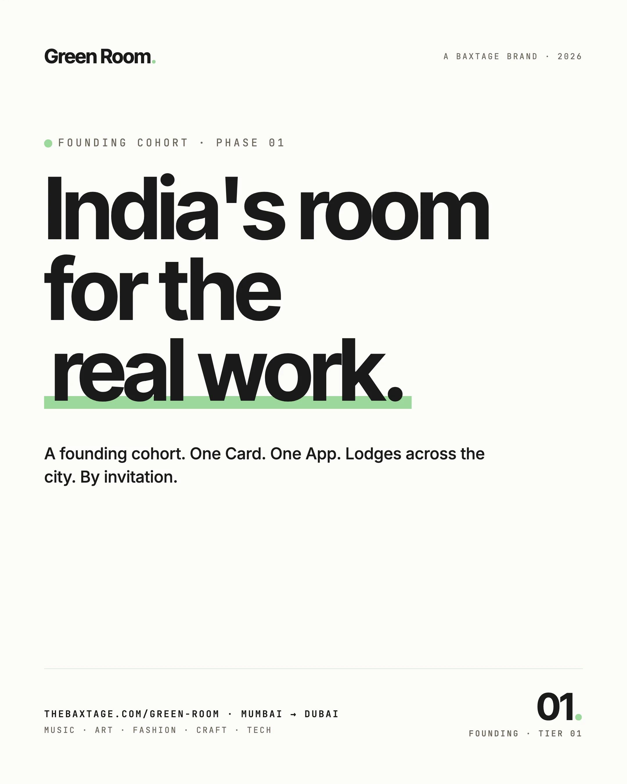 Green Room social tile for the founding cohort, a bone portrait with the headline India's room for the real work, the site route, Mumbai to Dubai and the craft list