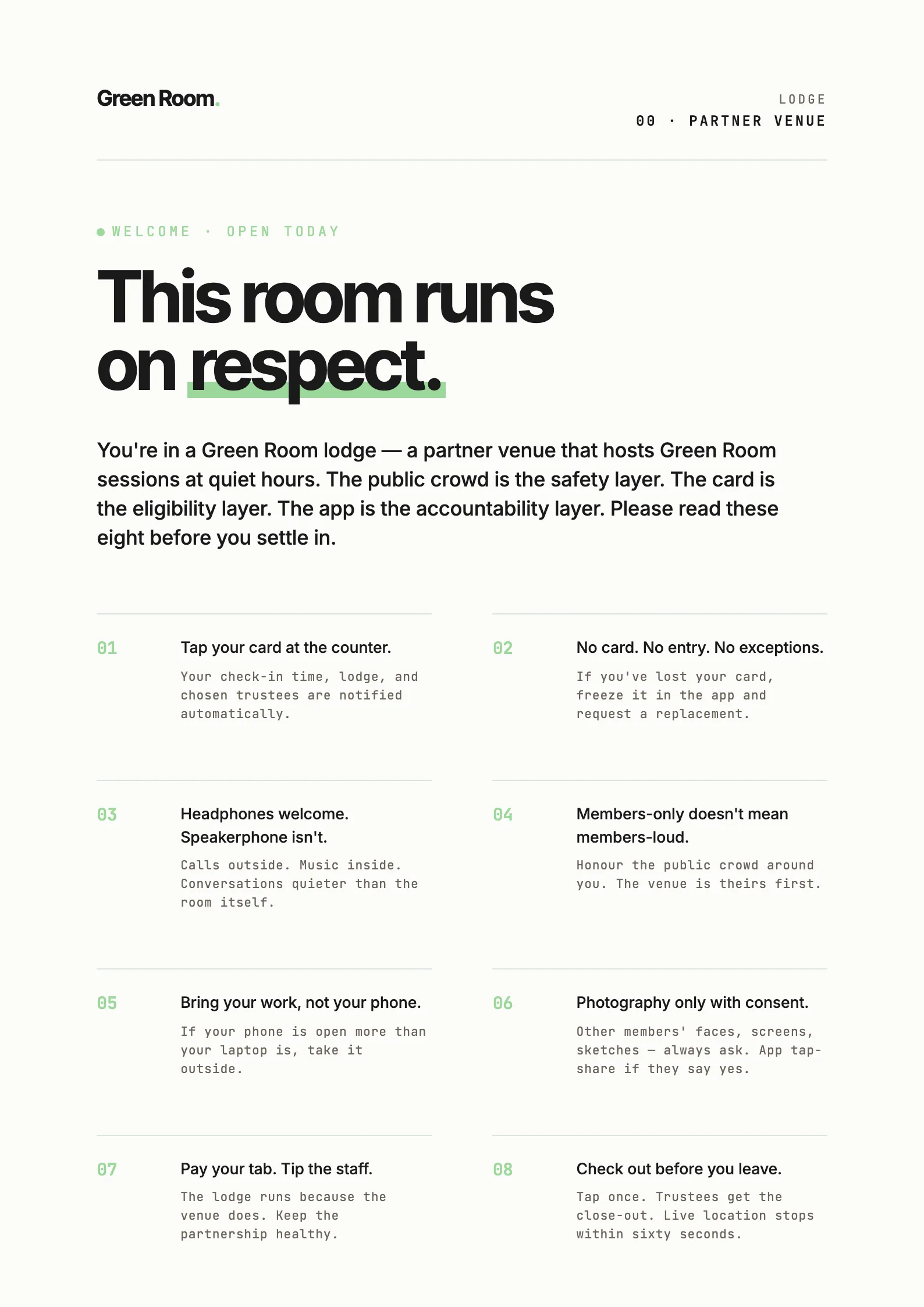 Green Room lodge welcome sheet: an A4 counter card headed This room runs on respect, with a two-column list of eight house rules, a pale sage partner panel with a placeholder venue and a blank members-in counter