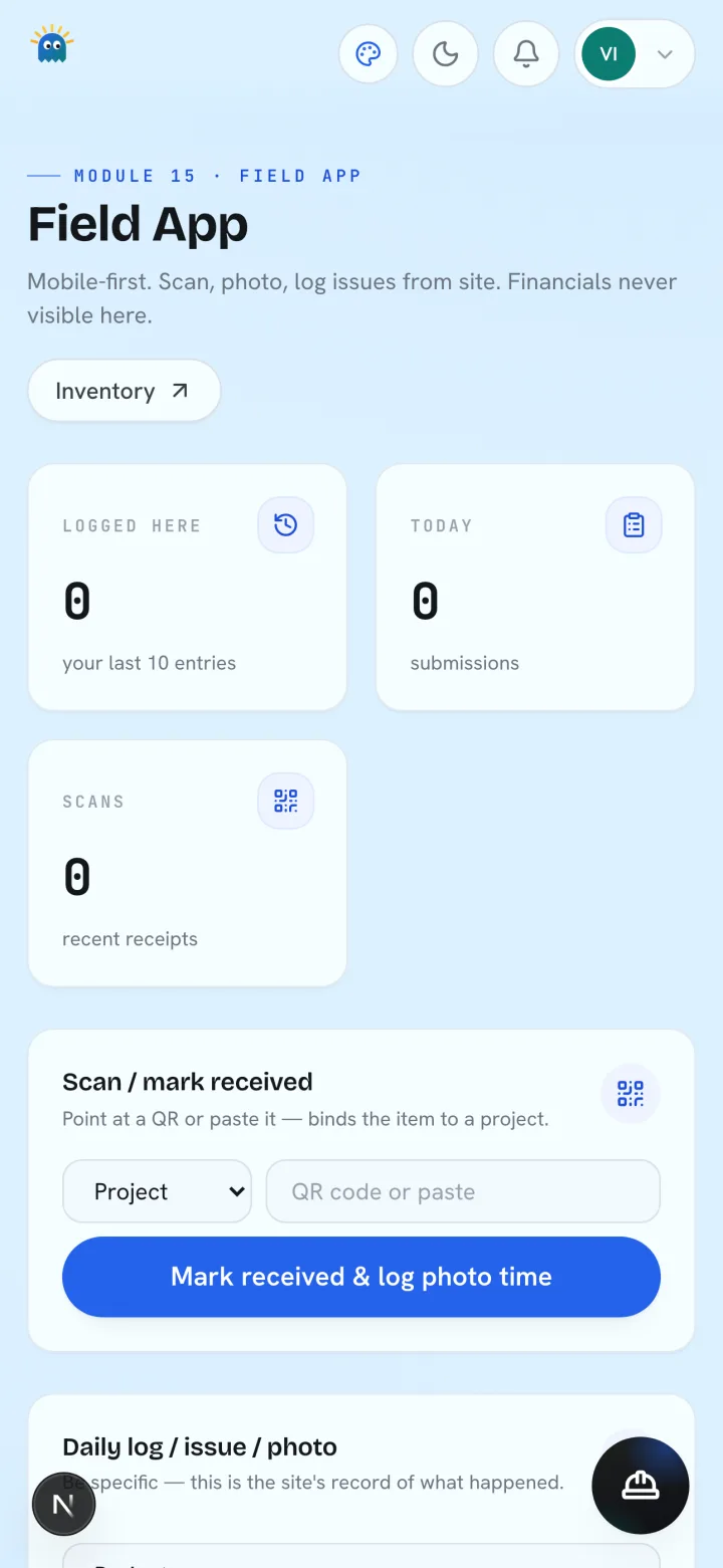 SoftSol Field App on a phone: scan and mark-received form with a project picker and QR field, and counters for entries logged, submissions today and recent scans